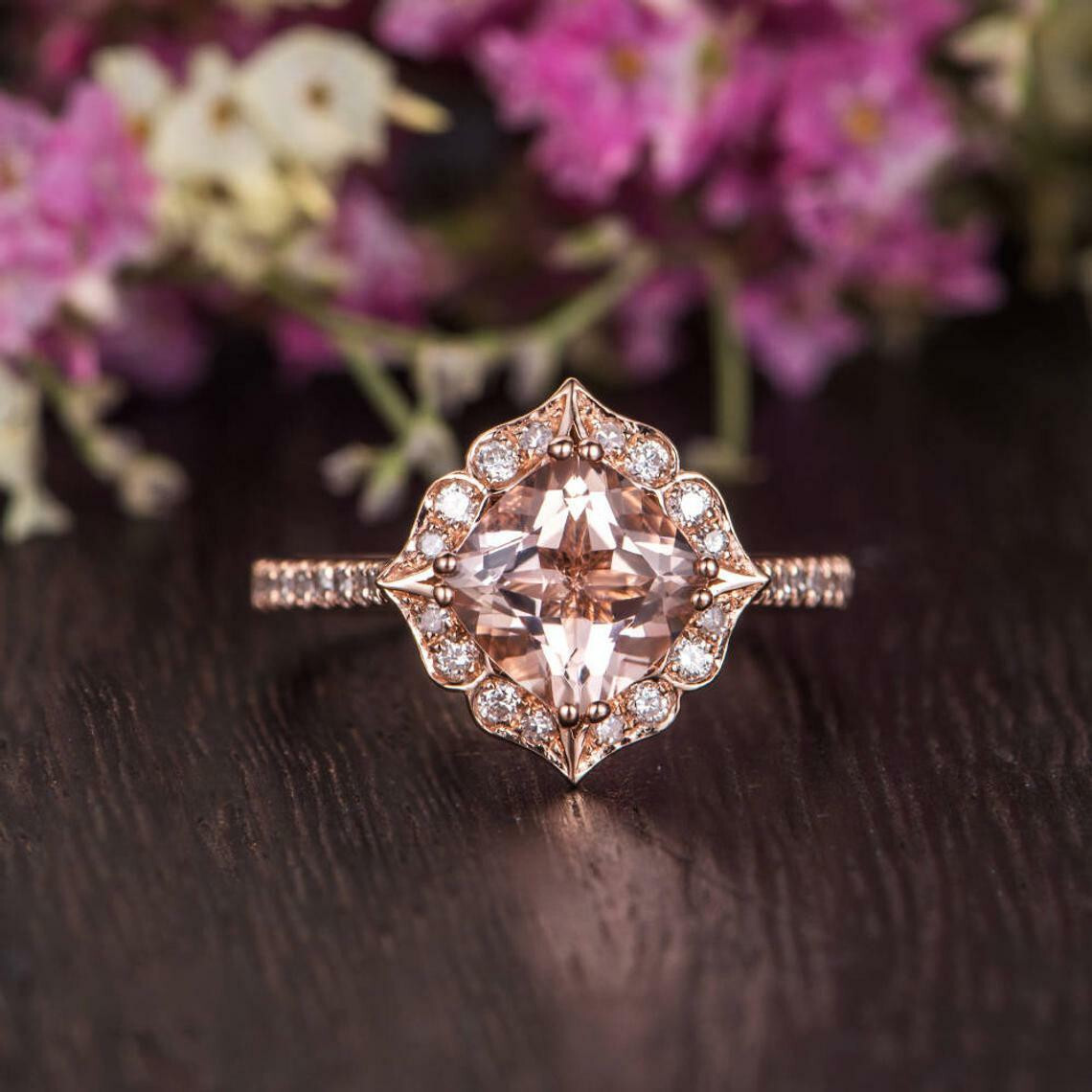 2ct Cushion Cut Morganite Solitaire Engagement Ring 14k Rose Gold Finis
