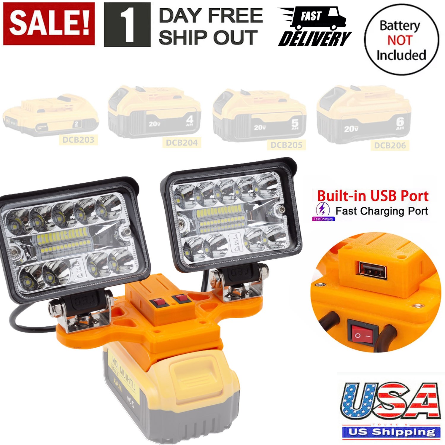 Wrieless LED Work Light For Dewalt 20V Li-ion Battery 56W 5600Lm Dual Head Light