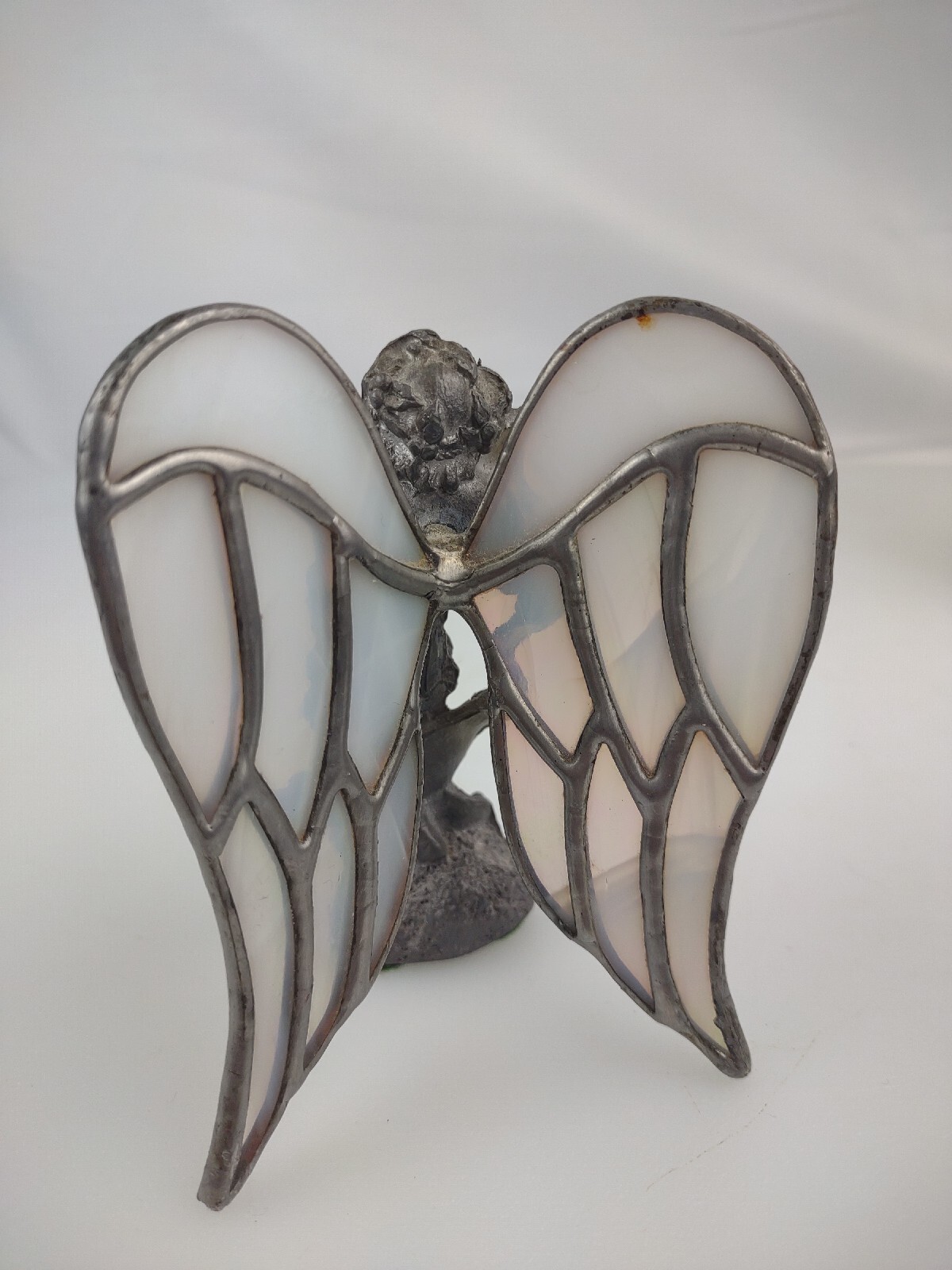 Standing Angel with Ribbon Hand Cast metal Sculpture with stain glass wings