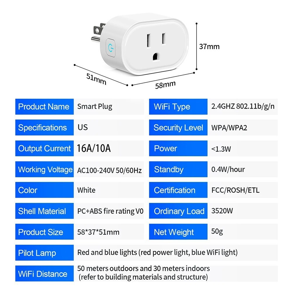 WiFi Smart Plug US Outlet 16A 16A Alexa Google Assistant App Remote Timer Contro