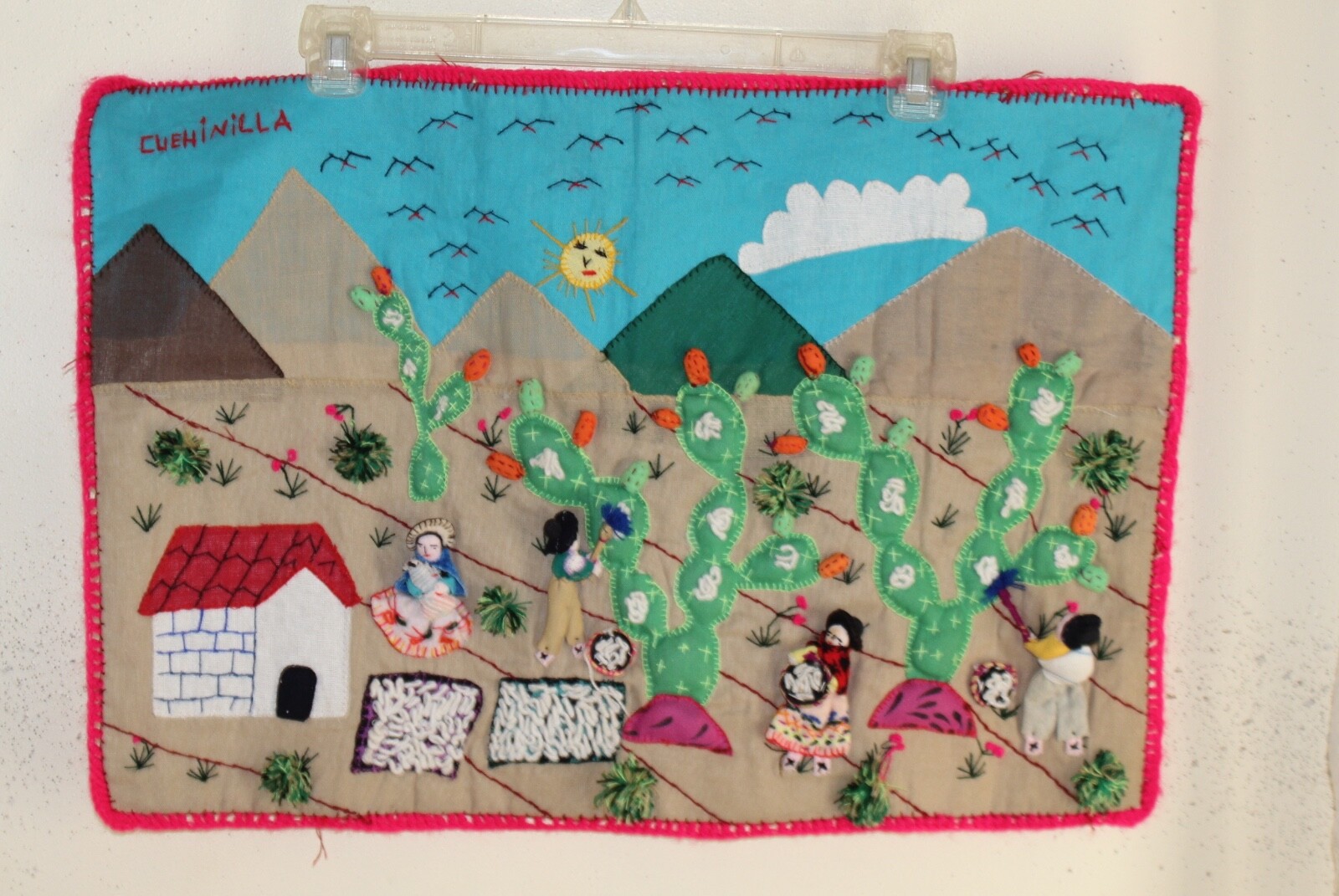 Arpillera Peru Mink Signed 3D Tapestry Art OOAK Cactus Panel Handmade