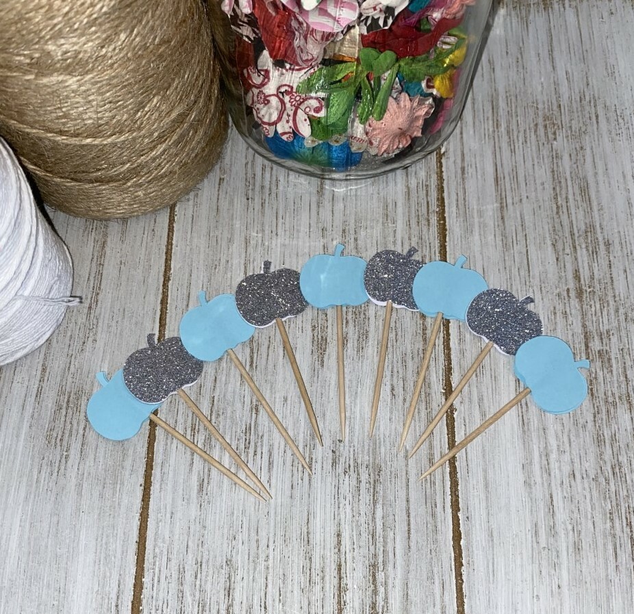 24 Blue and Silver Glitter little pumpkin Cupcake toppers baby shower decor
