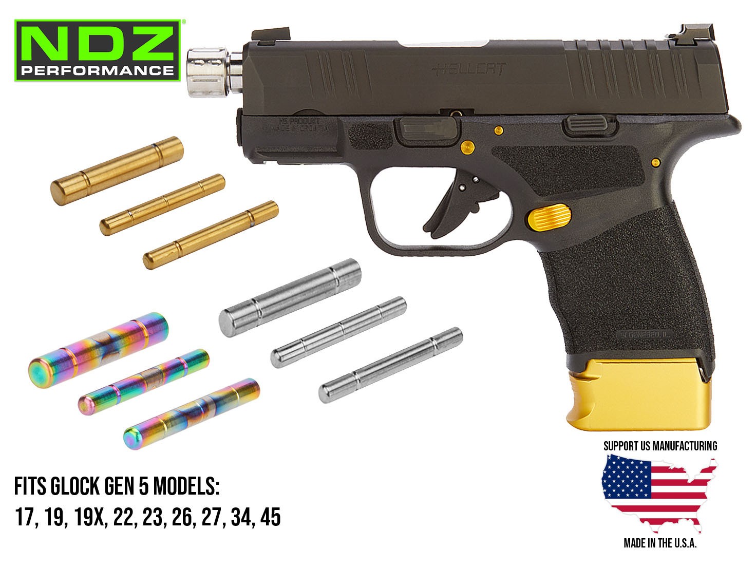 NDZ Glock 17 19 Gen 5 Pin Kit Trigger Housing Ext Stainless Steel Cerakote PVD