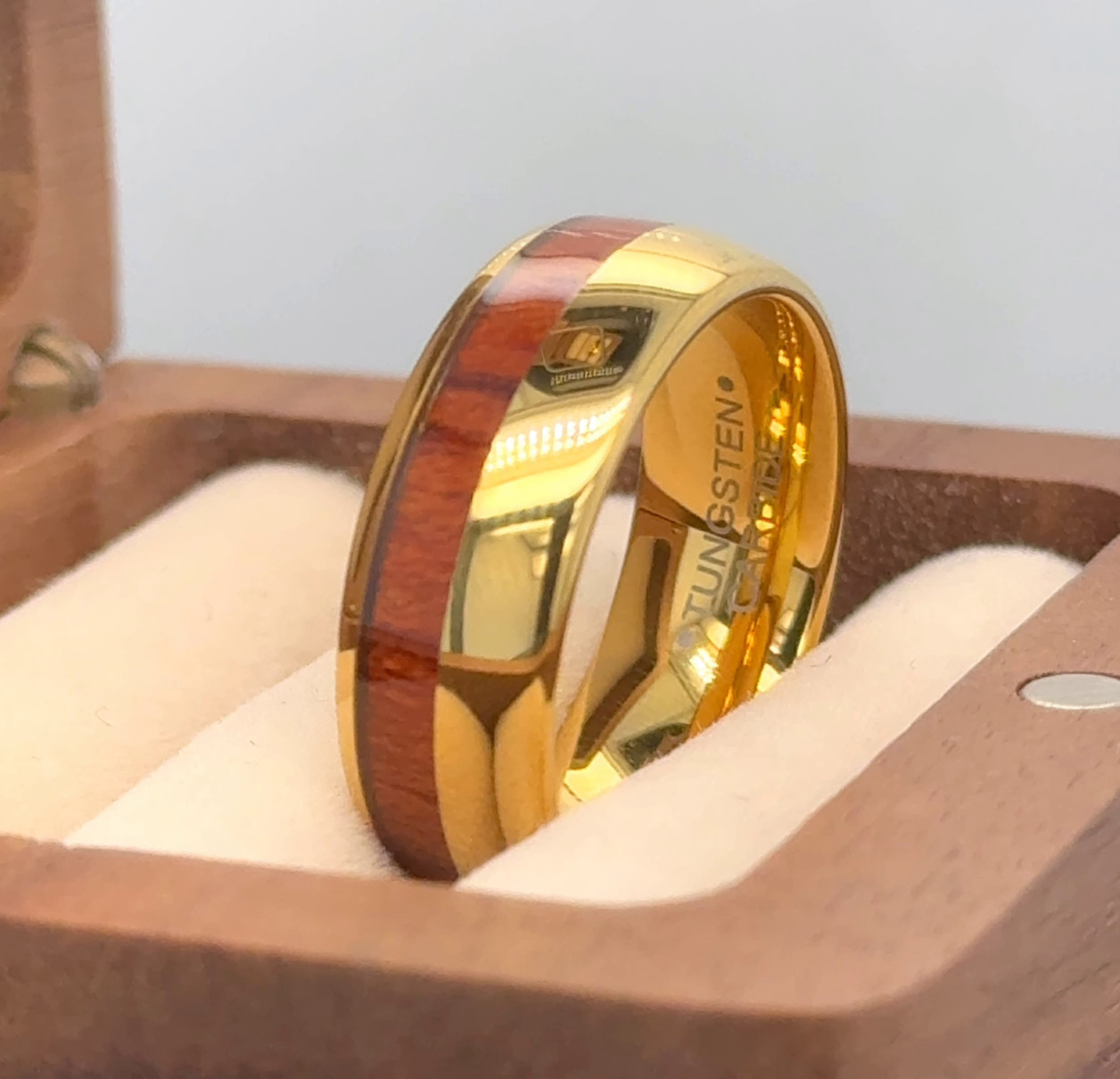 Special Date Ring Yellow Gold Tungsten Ring Koa Wood Inlay Stepped Edges Band