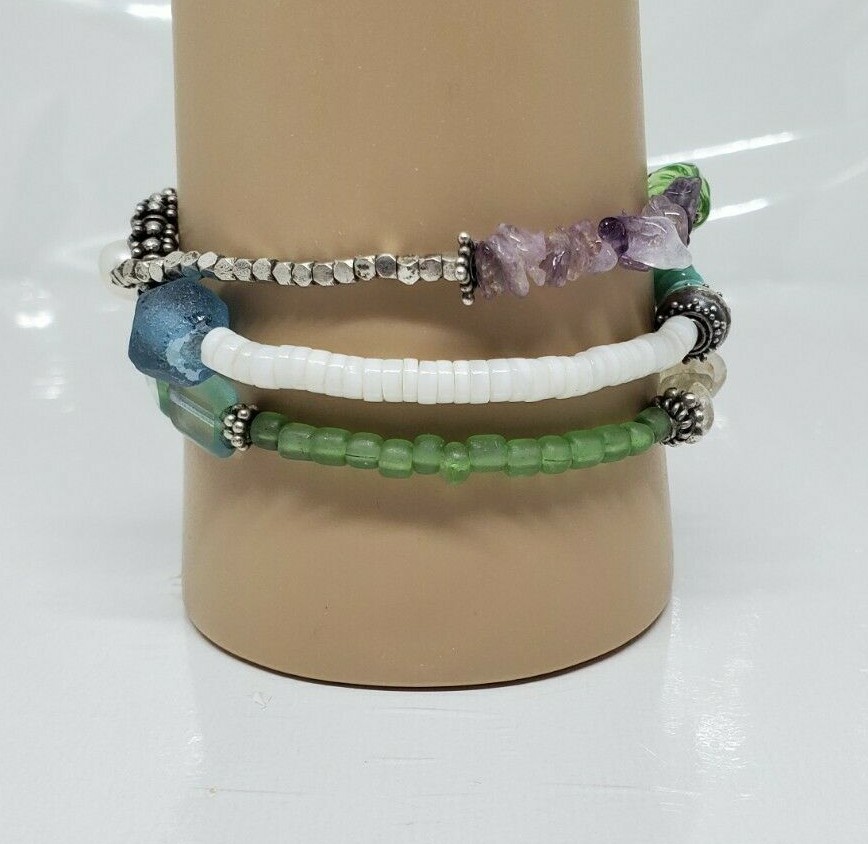 Multistone Teal Blue White Green Multibead Toggle Bracelet 7"