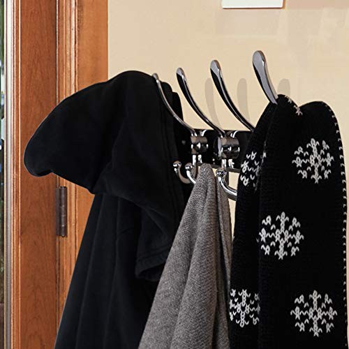 Wall Mounted Coat Rack - 5 Tri Hooks, Heavy Duty, 2 Pack Chrome Finish