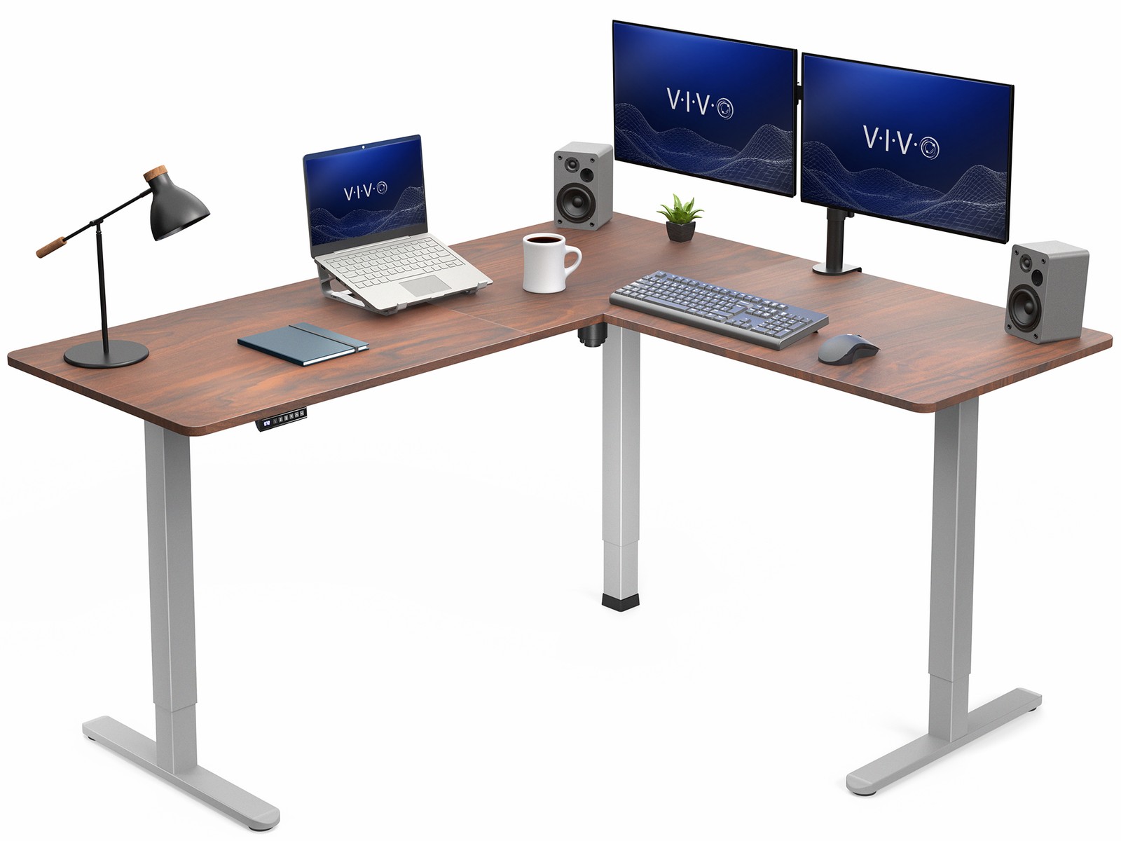 VIVO Dark Walnut / Gray Electric 63" x 55" Corner Desk, L-Shaped Workstation