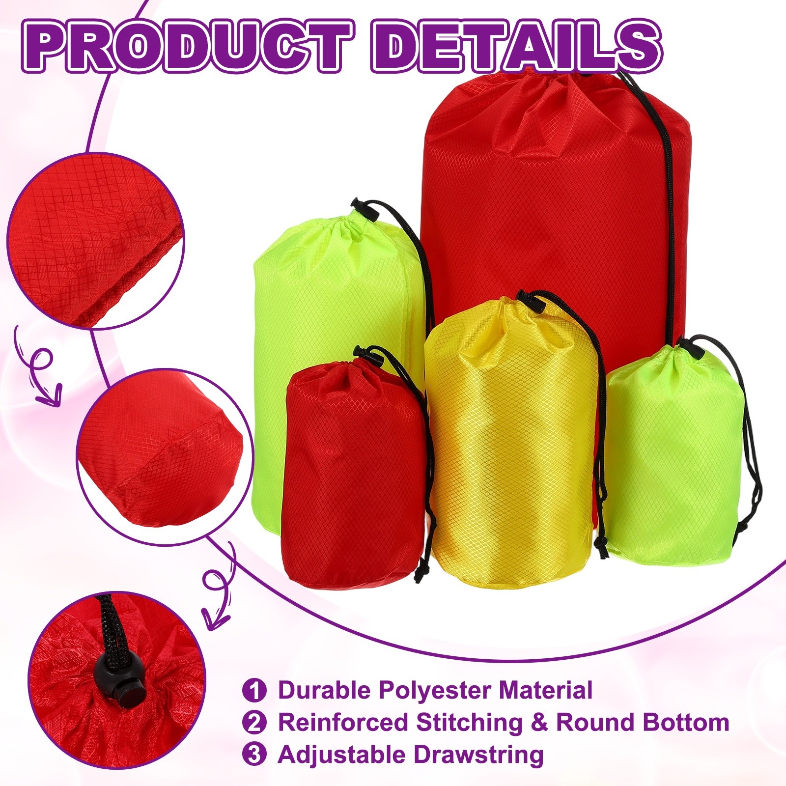 Stuff Sack, Waterproof Ditty Bags with Toggle 6x12In & 2 Pack & Red