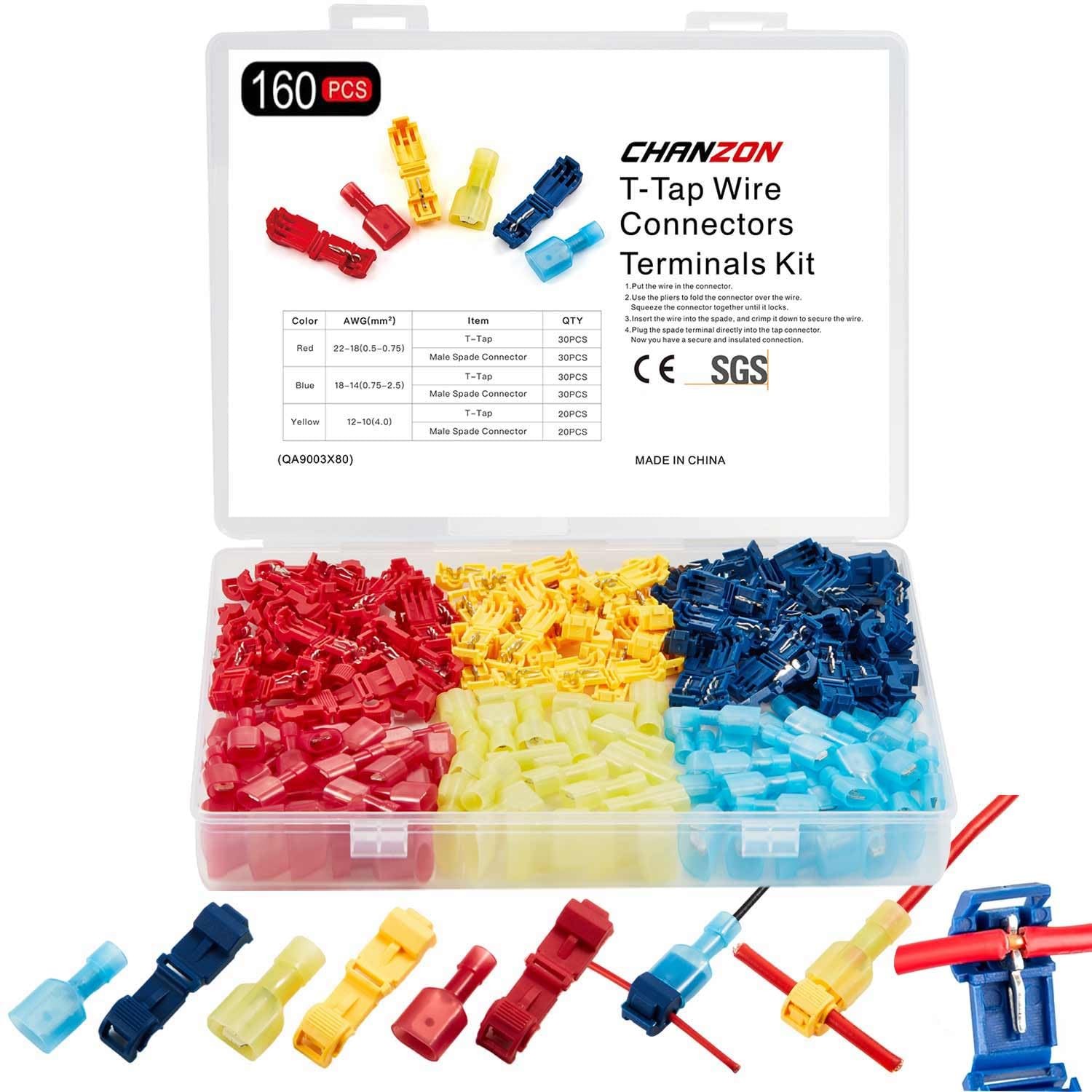 T-Tap Wire Connector Quick Splice Kit 22-18,16-14,12-10GA AWG Self-Stripping ...
