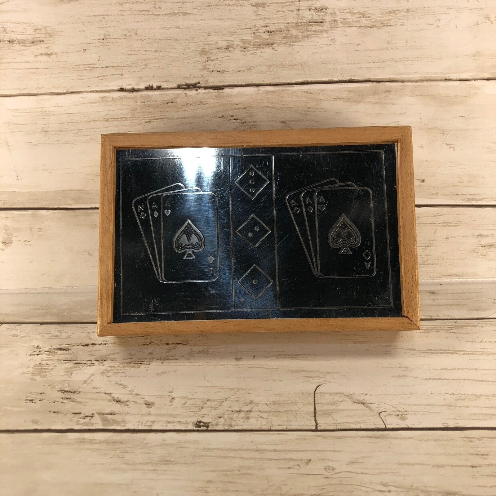 Vintage Wood Playing Card Box Mirrored Lid Ace of Spades Dice Etched Glass Case