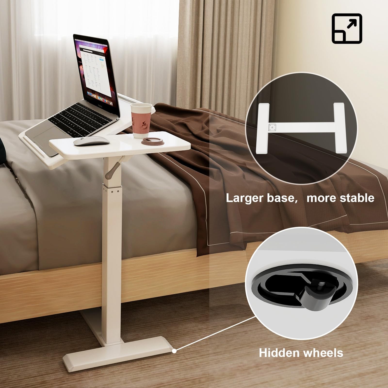 PUNCIA Height Adjustable Overbed Table with Pneumatic Lift Rectangular, White