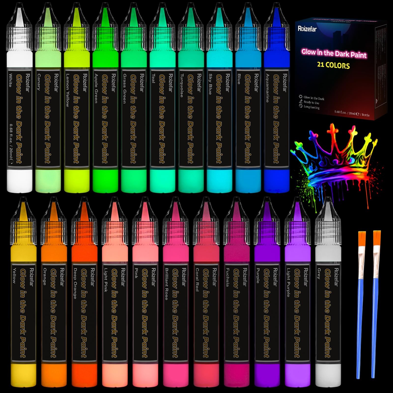 Roizefar Glow in the Dark Paint, 21 Colors 0.68 Fl Oz (Pack of 21), 21 colors