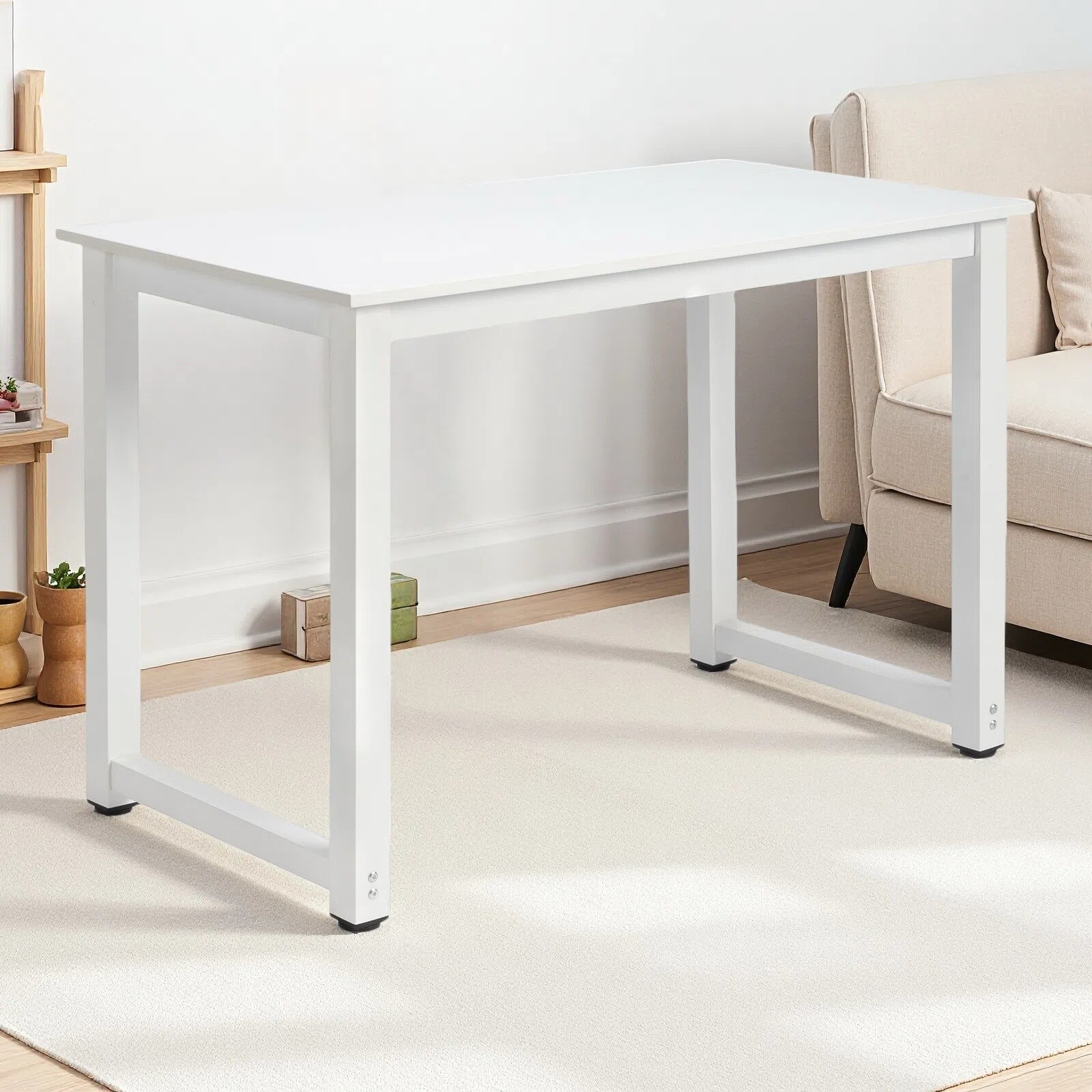 Simple Computer Desk - Portable, White, Steel White Frame & Adjustable Foot Pad