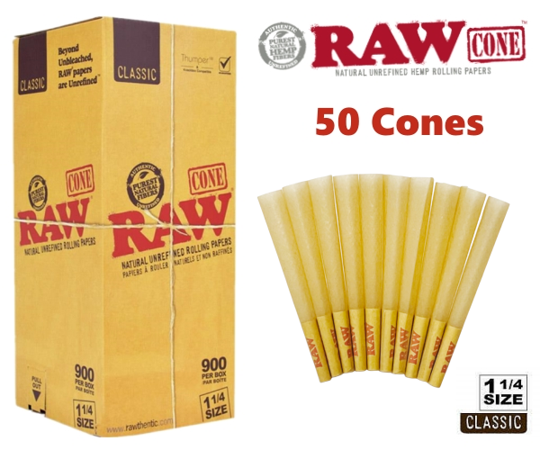 Authentic RAW Classic 1 1/4 Size Pre-Rolled Cone 50 Pack & Fast Shipping