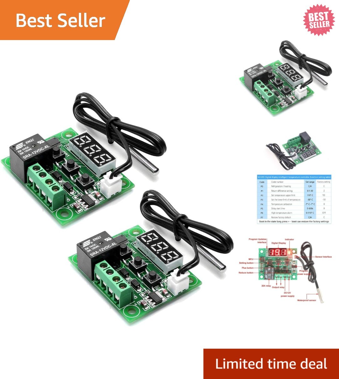 12V DC Waterproof Digital Thermostat with One-Channel Relay - 2pcs Set