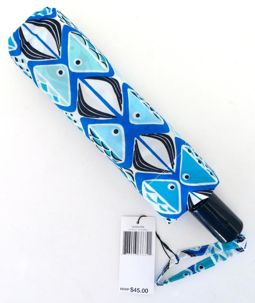New NWT Vera Bradley Go Fish Blue Aqua Navy Teal Automatic Full-Size Umbrella