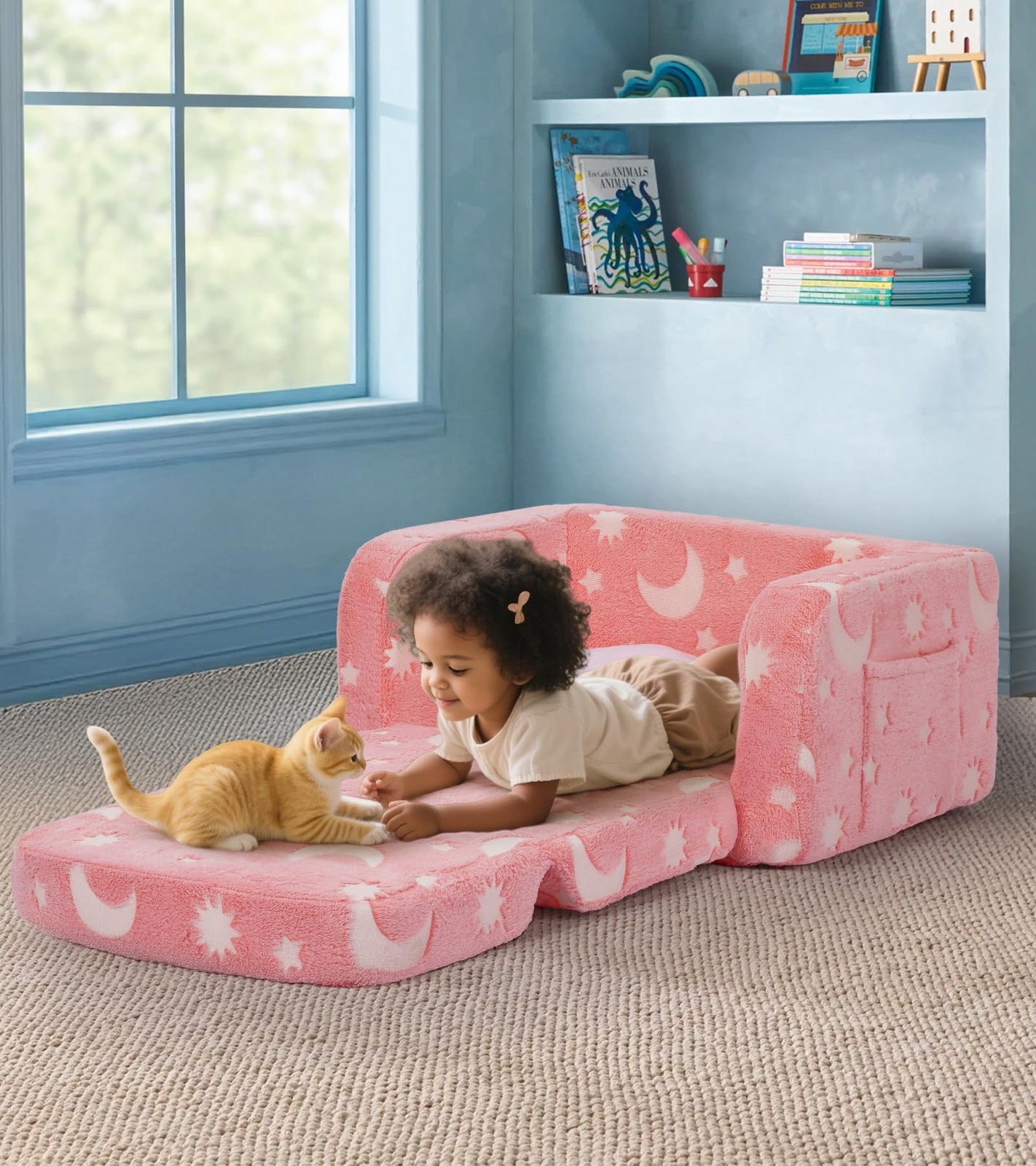 Kids Couch, 2-in-1 Soft Toddler Couch Fold Out with Blanket and Cloud Pillow,...