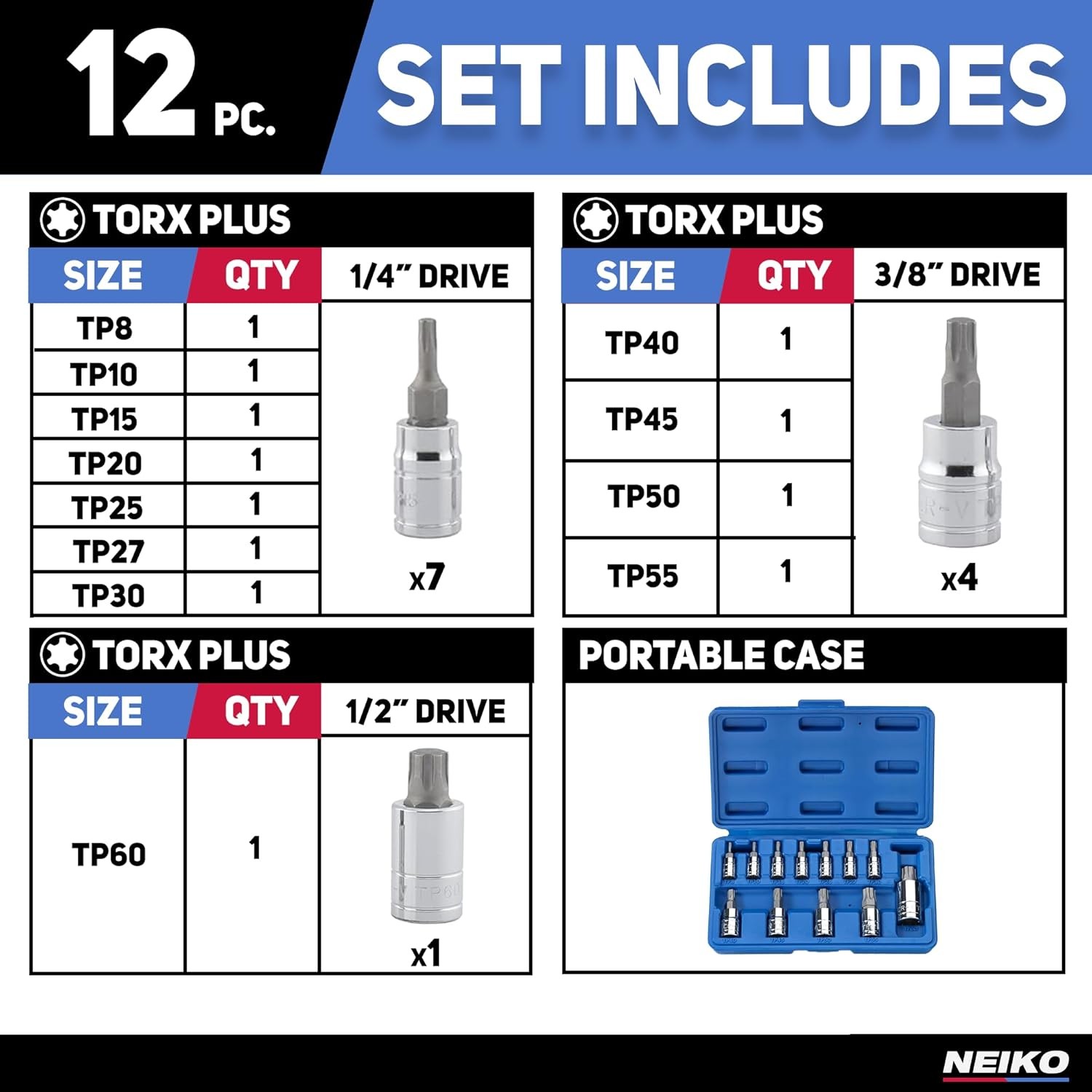 10086A Standard Torx Plus Bit Socket Set | 12 Piece | TP8 – TP60 | 6 Poi