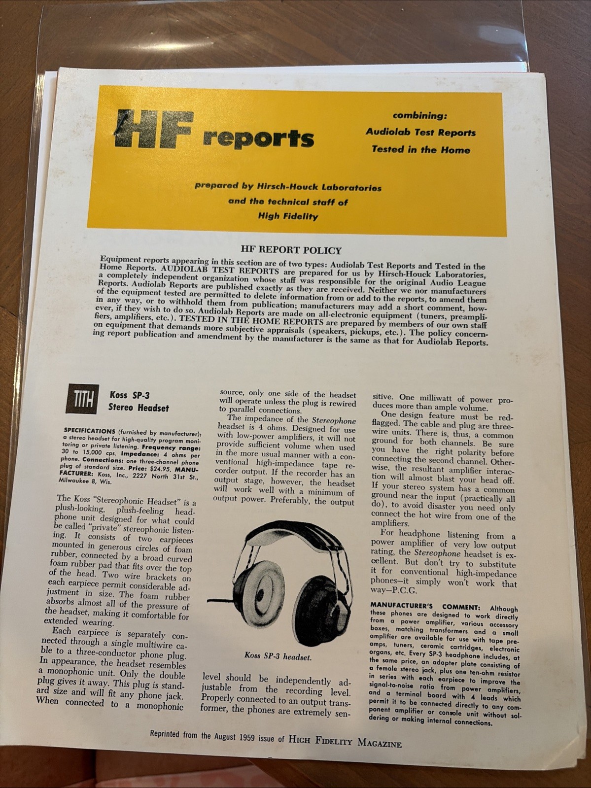 Koss Literature & Hi Fi Report 1959 Stapled (4pages