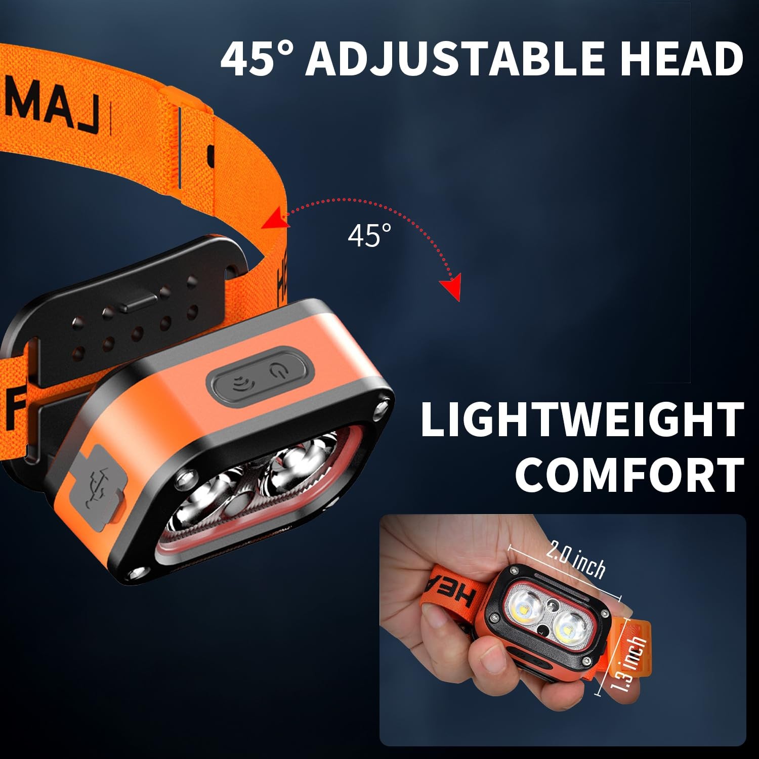 Hands-Free Smart Headlamp with Wave Sensor, Running Lights, 5 Modes, IPX4 Wat...