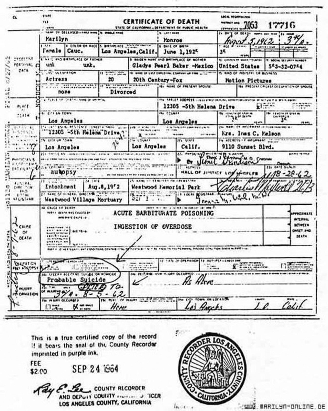 Marilyn Monroe Death Certificate Reproduction