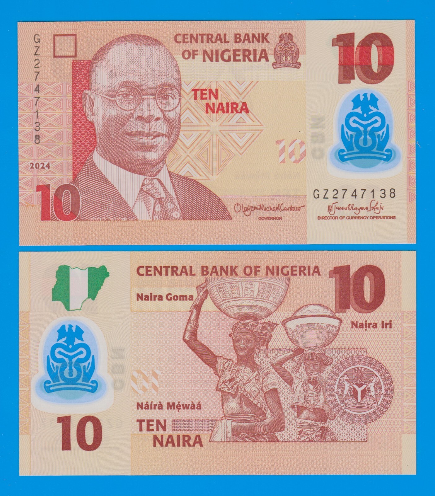Nigeria 10 Naira P 39o New 2024 UNC Polymer, ( P 39 o )