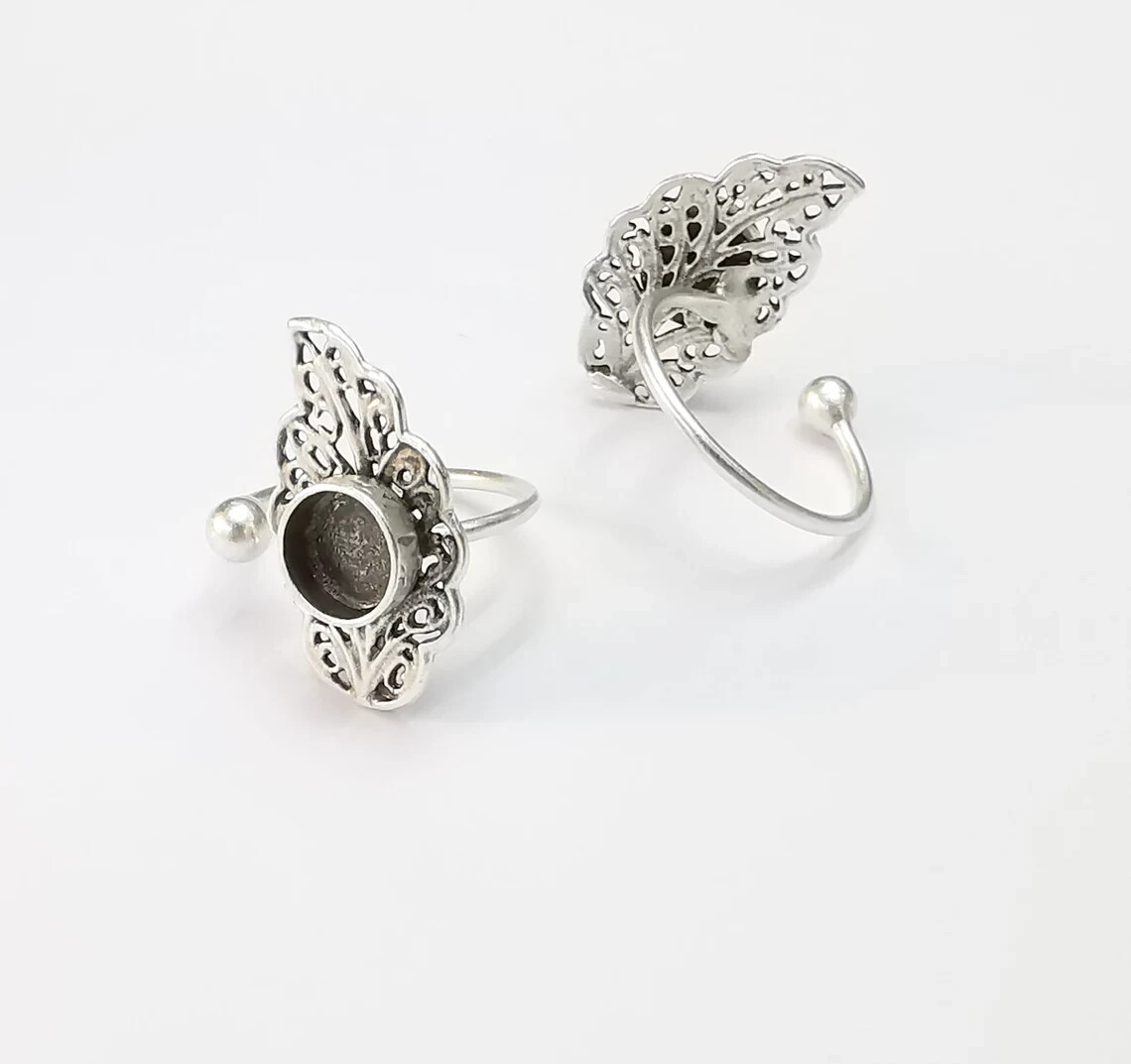 Leaf Leaves Silver Ring Setting Blank Cabochon Mounting Adjustable Ring Base