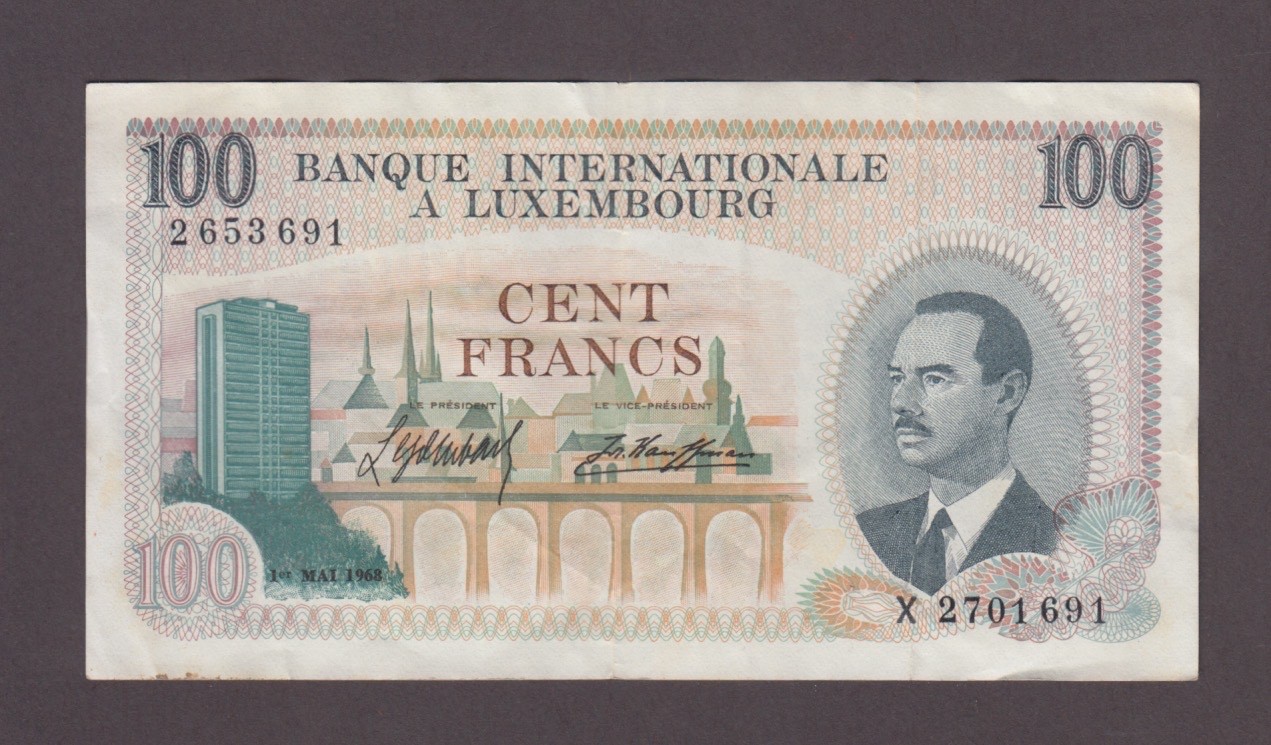 LUXEMBOURG P.14-3691 BANQUE INTERNATIONALE  100 FRANCS 1968 PFX X   VF 2607