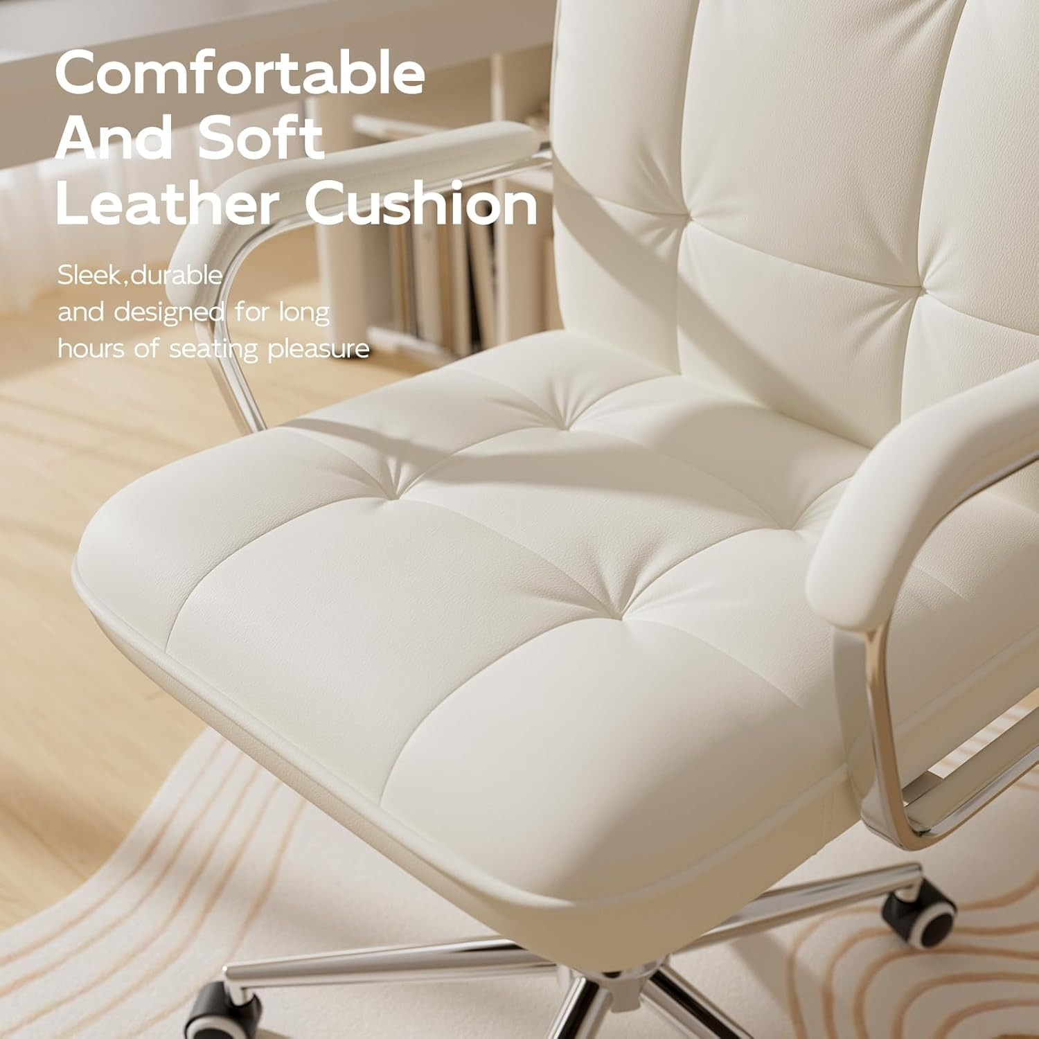 White Office Chair with Soft Leather, Swivel Computer Home Office Desk Chair wit