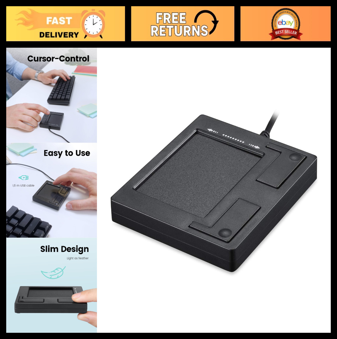 Wired USB Touchpad - Portable Trackpad for Laptop & Desktop, Compact Design, Bla