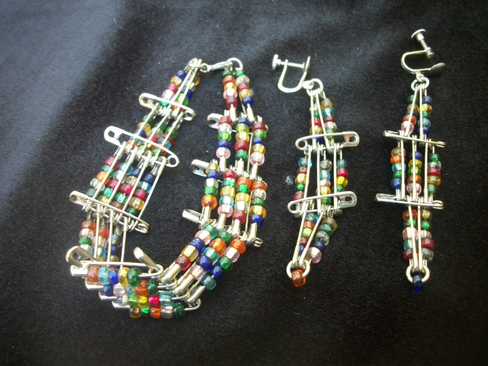 Safety Pin Jewelry Seed Bead Bracelet & Dangle Clip Earrings Set