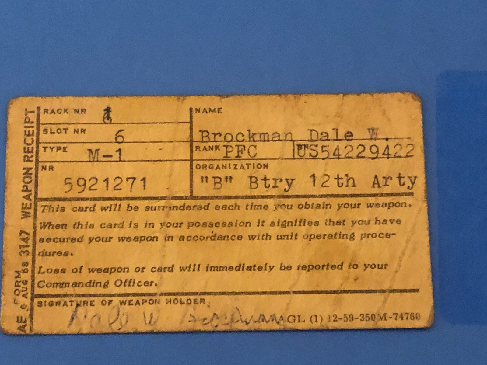 AE 3147 Weapon Receipt Card “B” Btry 12th Arty
