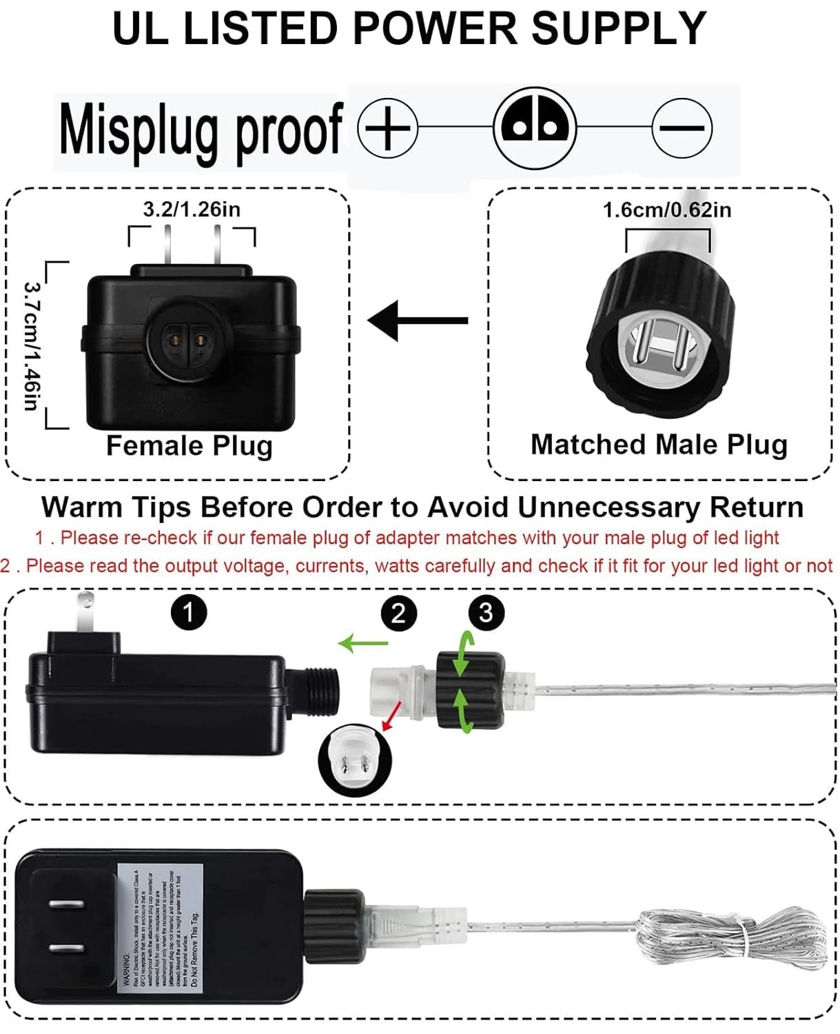 12V 1A Class 2 Power Supply Adapter Transformer For LED String Light Outdoor US