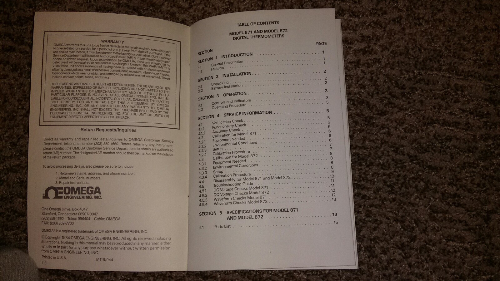 Omega Model 871 872 Digital Thermometer Instruction Operator's Manual schematic