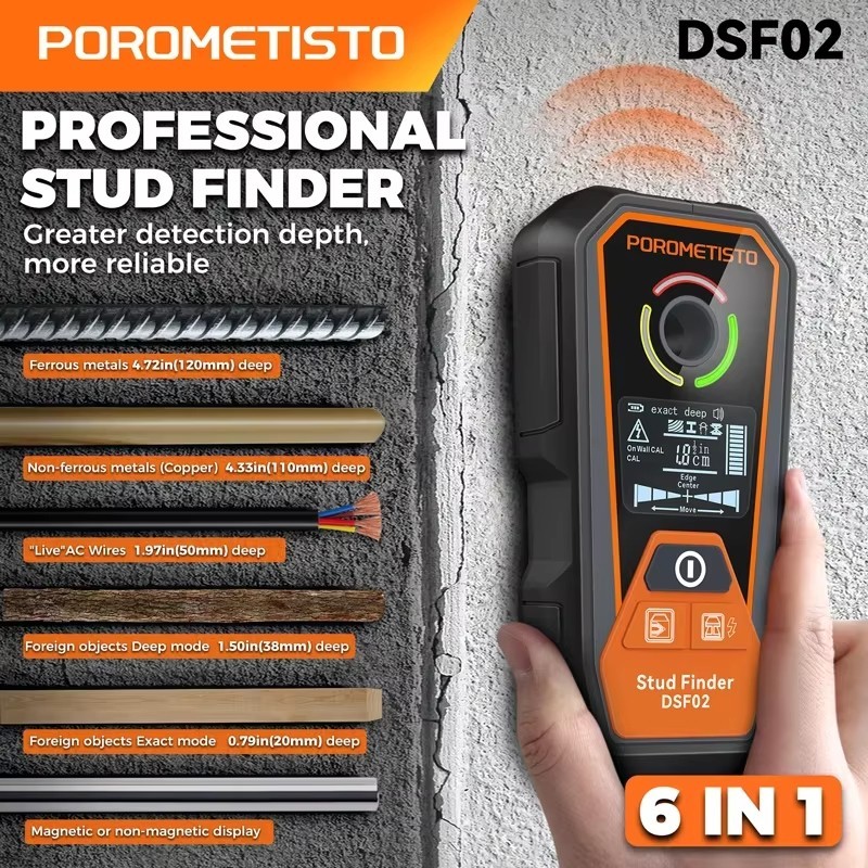 POROMETISTO DSF02 6-in-1 Stud Finder Wall Scanner AC Cable Metal Wood