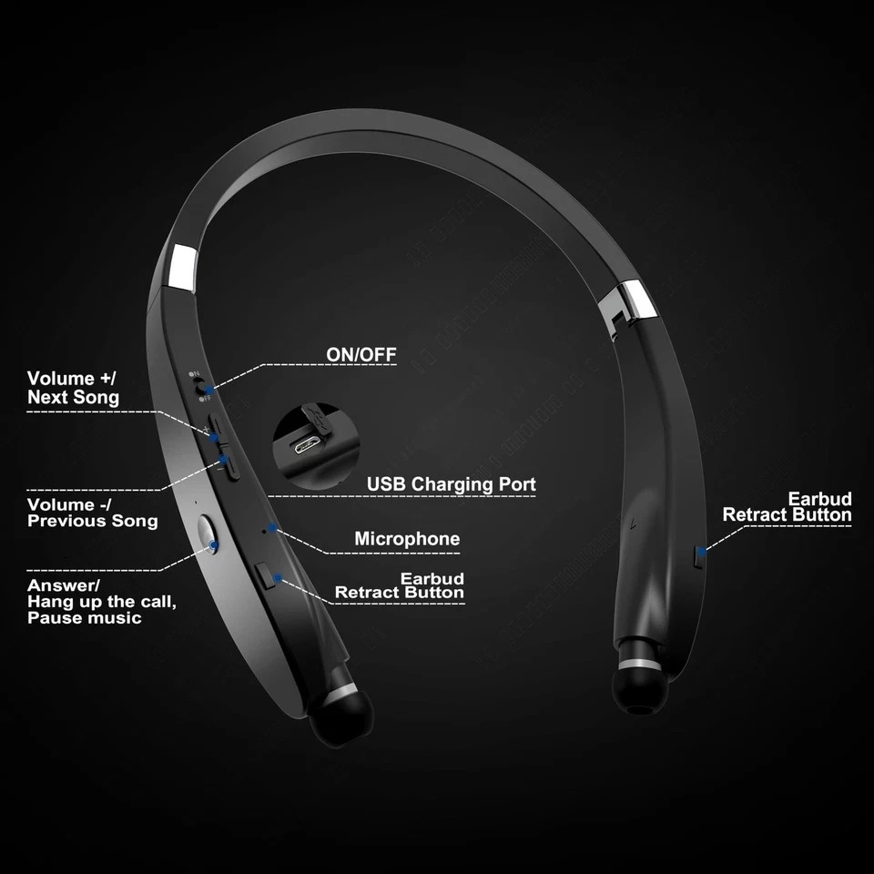Bluetooth Neckband Headphones Foldable Wireless Lightweight Neck Headset wit
