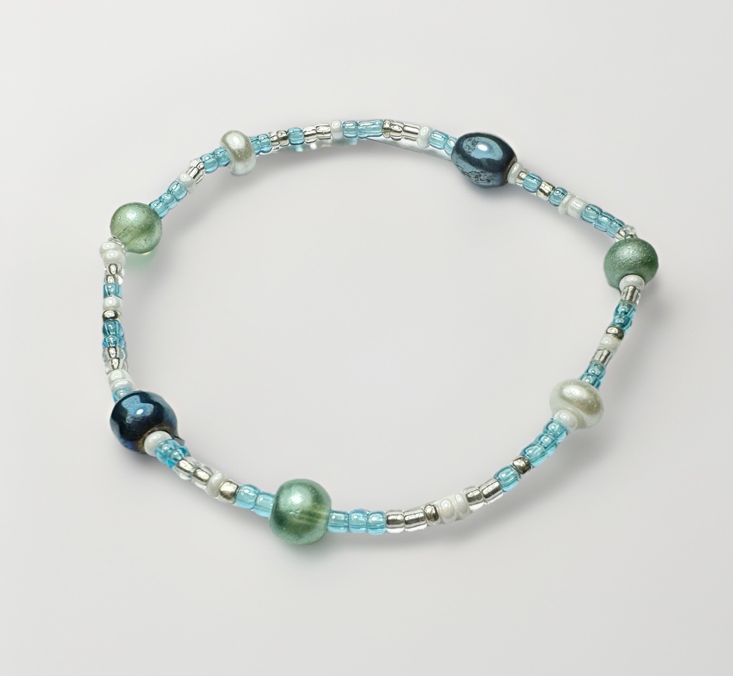 Handmade Stretch Bracelet Dainty Seed Bead Mermaid Ocean Beach Eclectic Pearl