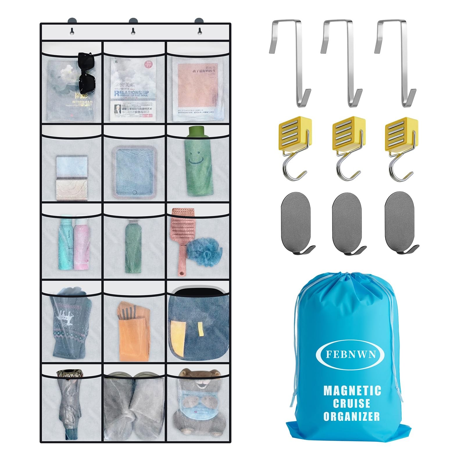 Magnetic Cruise Door Organizer,15 Large Durable Pockets，Upgrade Over The Door...
