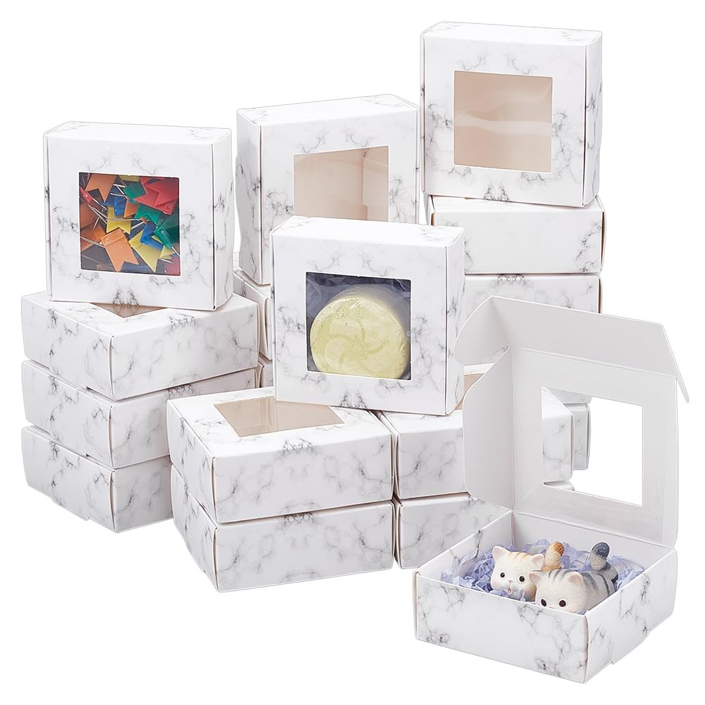 BENECREAT 36 Pcs Square Paper Boxes with Clear Window, 3x3x1.2 Inch Marble Pr...