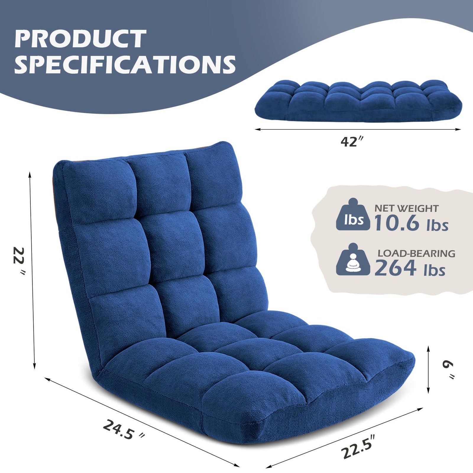 Avocahom Folding Floor Gaming Chair 2' 0.5" x 1' 10" x 10", Darkblue