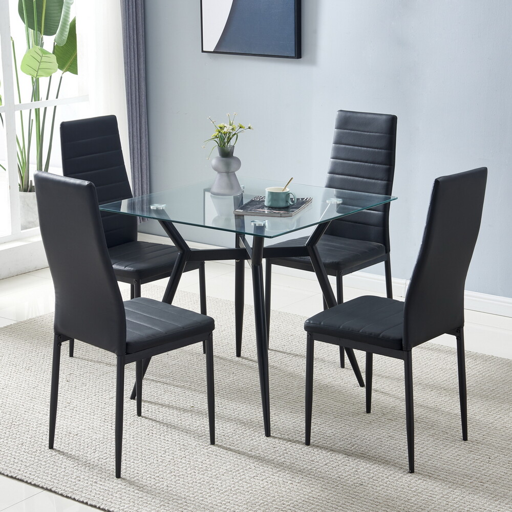 4pcs Dining Chairs - PU Leather, Black High Back, Cross-Stitch & Round Tube Legs