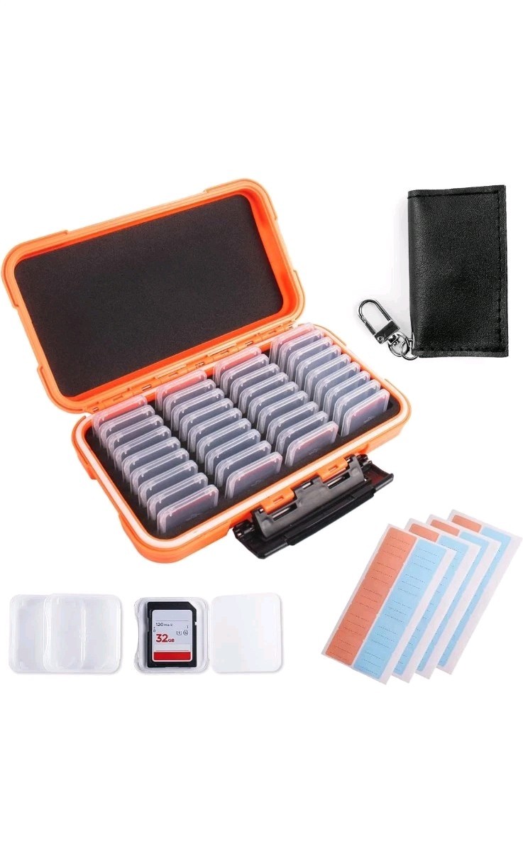 36-Slot Gray Memory Card Case with 36 Transparent Holders & 40 Writable
