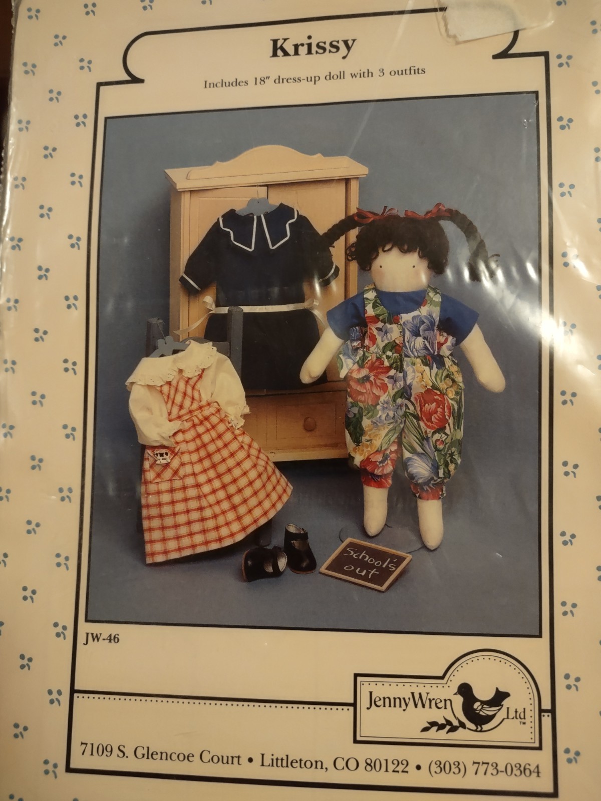 Jenny Wren Ltd JW-46 KRISSY 18" Dress Up Doll & 3 Outfits UNCUT Sewing Pattern