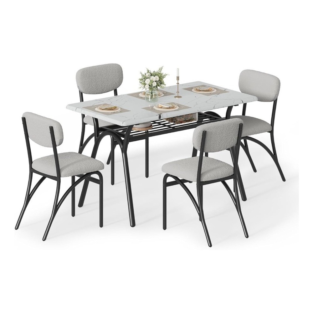 Perfect Space Solution, 4-Person Dining Set W/ Storage Rack, Grey Chair & Marble