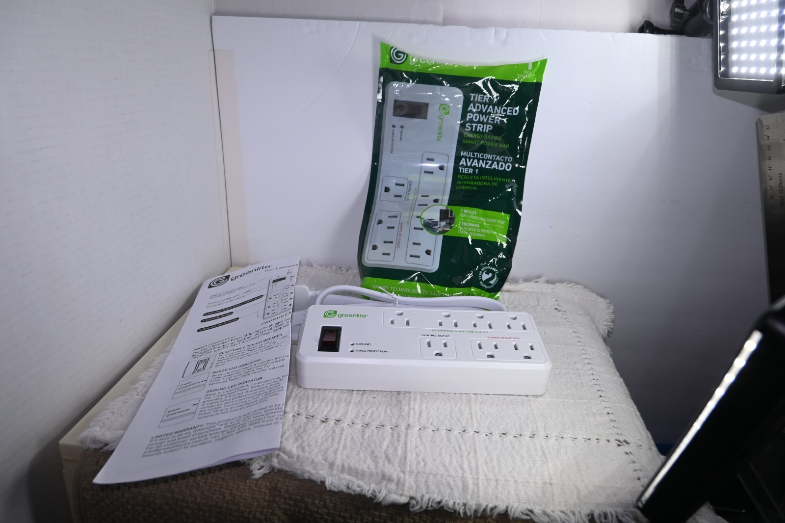 Greenlite Tier 1 advanced power strip 7 outlets sealed with instructions