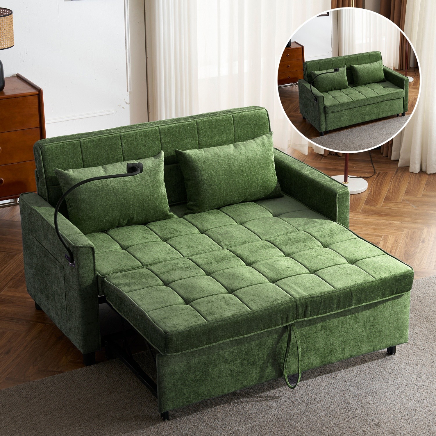 56.9'' Convertible Sleeper Sofa Bed Loveseat Sofa with Pull Out Bed & USB Ports