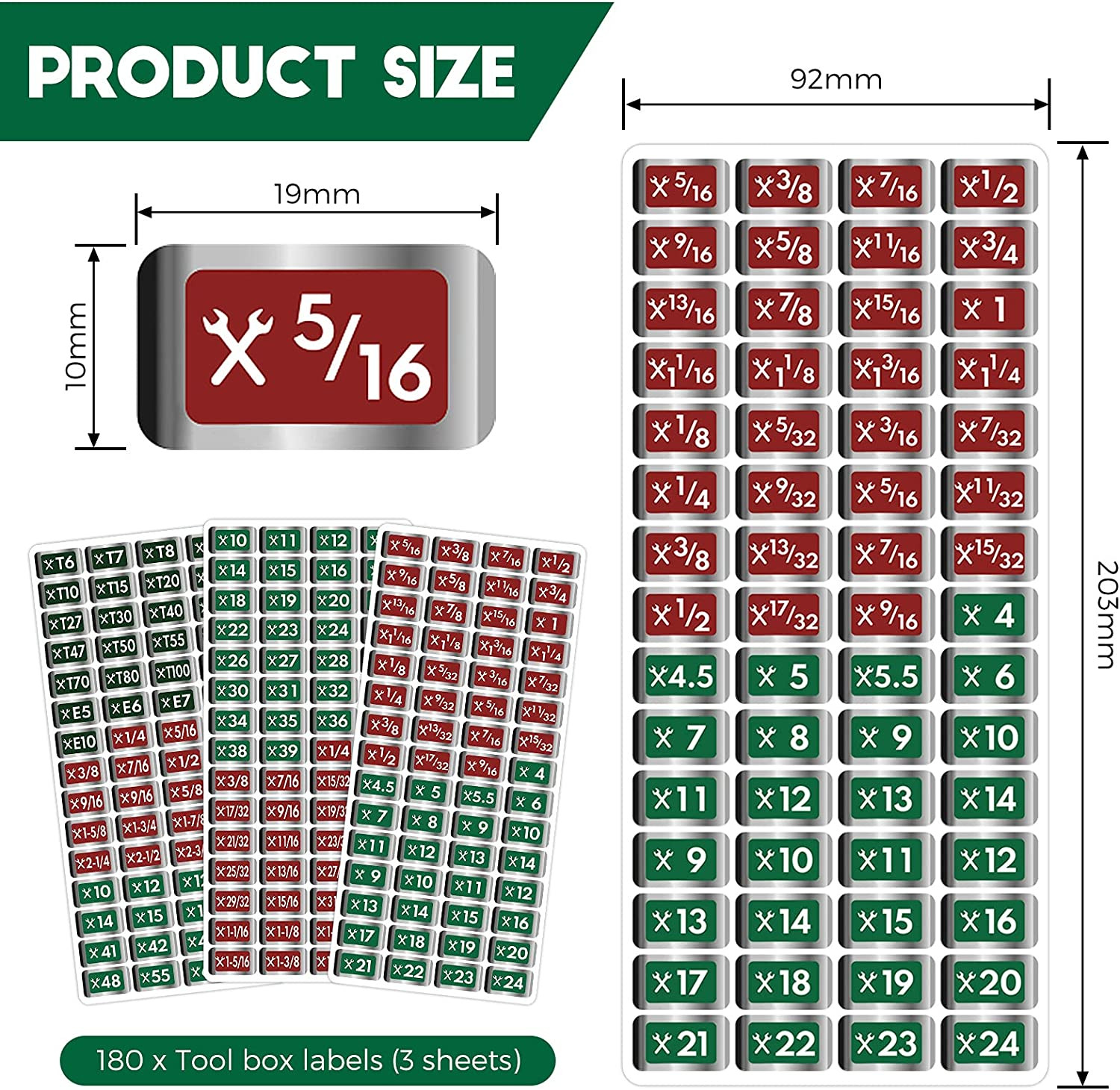 180 Pcs Tool Box Labels Stickers and Decals Wrench Size Chrome Socket Labels Foi