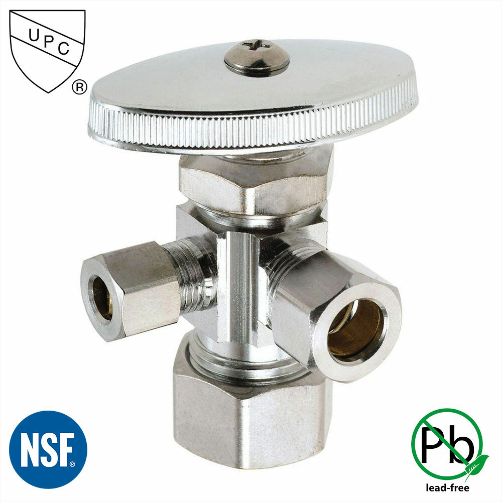 5/8 Inch Comp x 1/2 Inch Slip Joint x 1/4 Inch Comp Multi Turn Brass Angle Stop