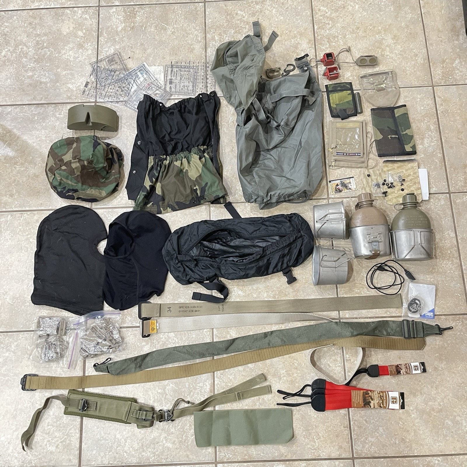 Military Surplus gear belts straps, helmet cover, bags, canteens, carabiner ETC