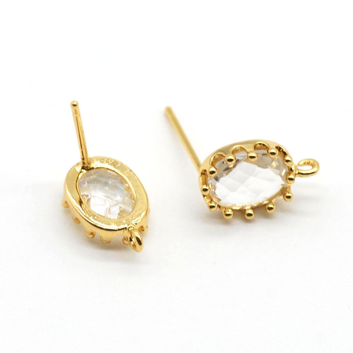 2Pairs 18K Gold Plated Stud Earrings Connector, Clear CZ Oval Component GMR517